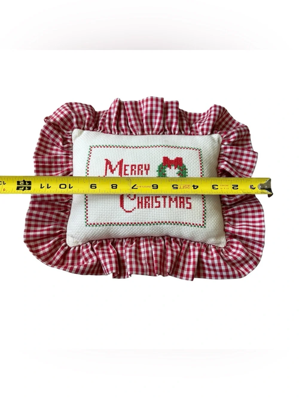 Vintage Christmas Needlework Pillow Gingham Ruffle Grandmillennial Cottage Decor